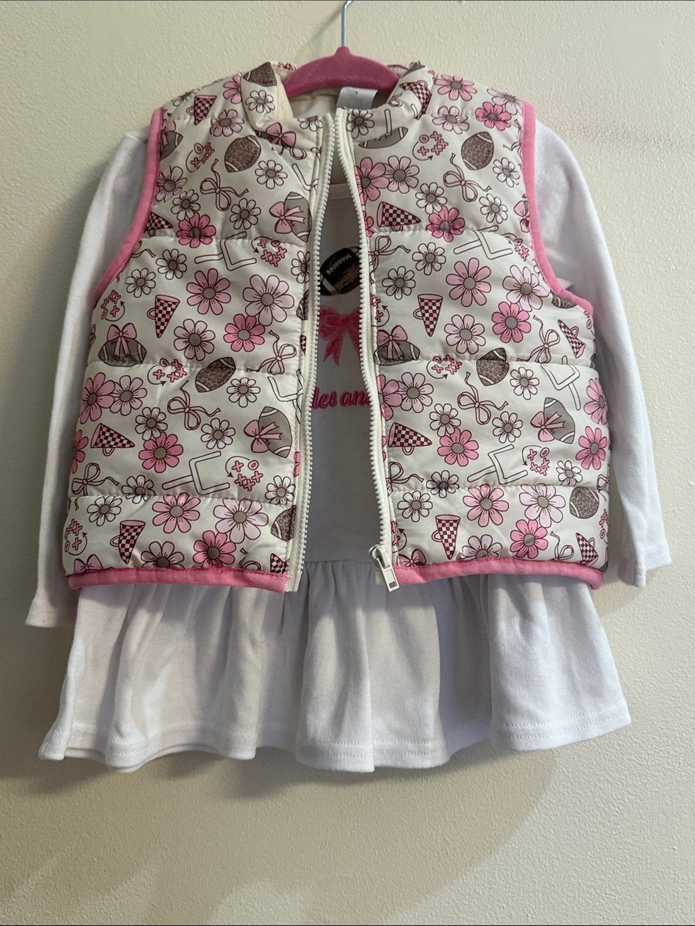Baby Essentials Cream & Pink Floral Puffer Vest with White Dress